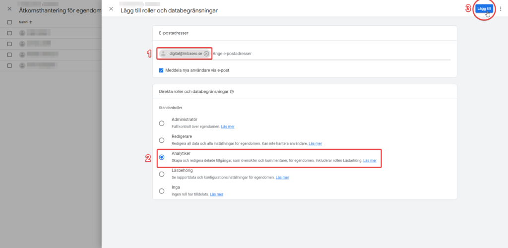 Google Analytics | lägga till e-post och behörighet - Imba SEO