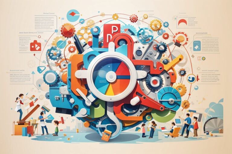 visualiserar de kritiska SEO-elementen som är avgörande för en webbplats framgång. Den illustrerar olika komponenter som intern och extern länkning, sökordsanalys, mobiloptimering och strukturerad data, och hur de samverkar för att förbättra webbplatsens synlighet och rankning i sökmotorerna. Bilden fungerar som en snabbguide och påminnelse om de viktiga aspekterna att fokusera på inom sökmotoroptimering.